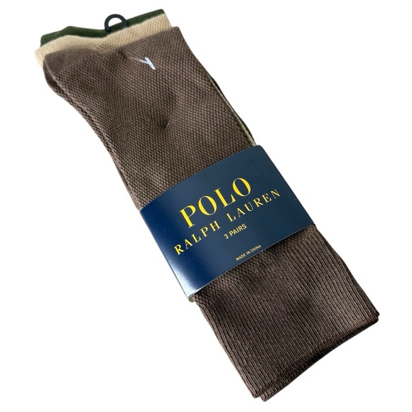 POLO RALPH LAUREN New 3 Pack Trouser Socks Logo Olive Brown Khaki - Picture 2 of 10